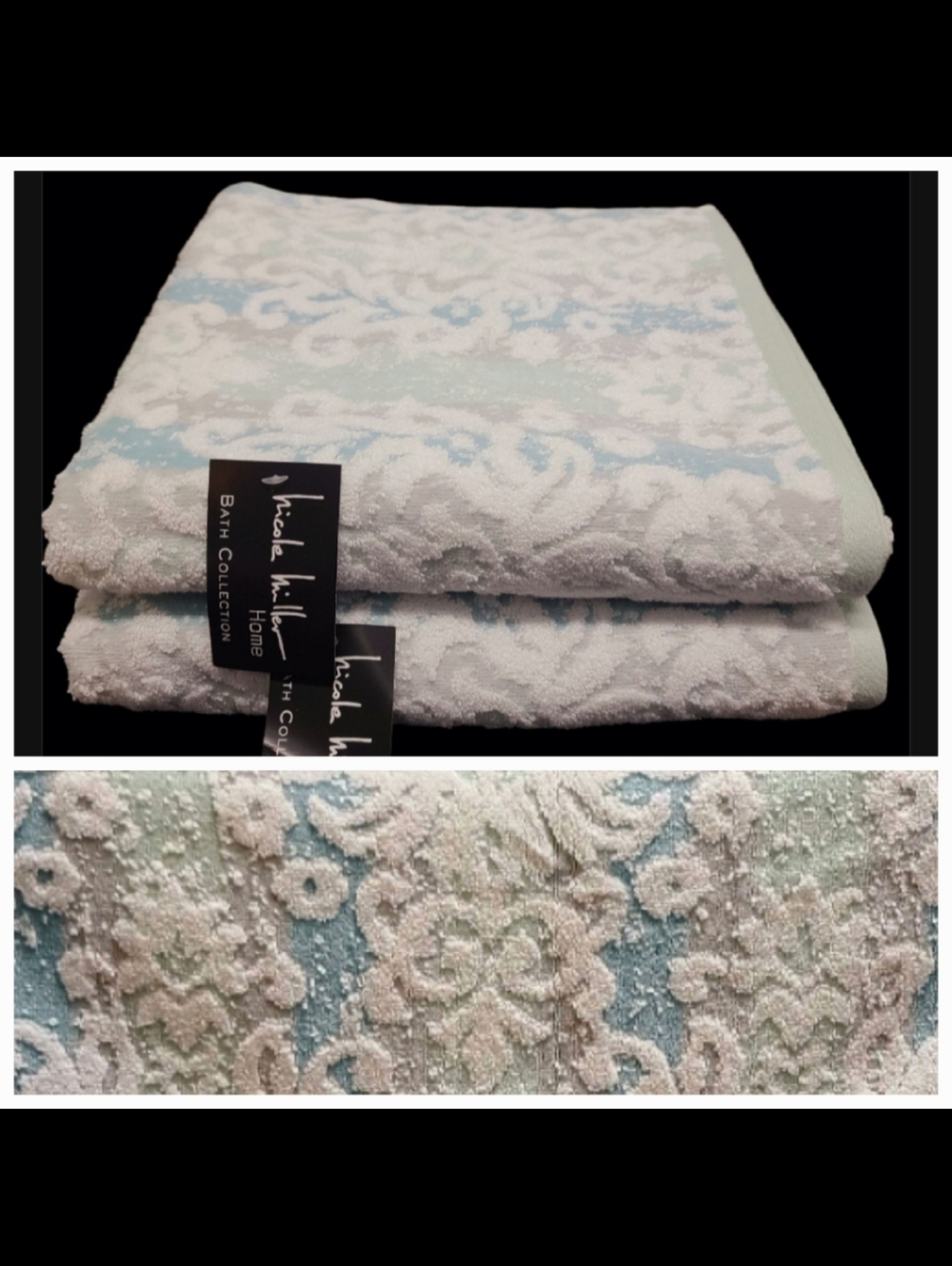 2pc Nicole Miller Blue Green Scroll Damask Luxury Plush Bath Towel Set